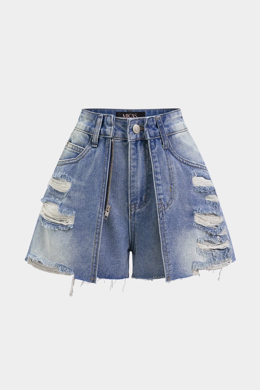 Denim short met rafelrand, rits en hoge taille
