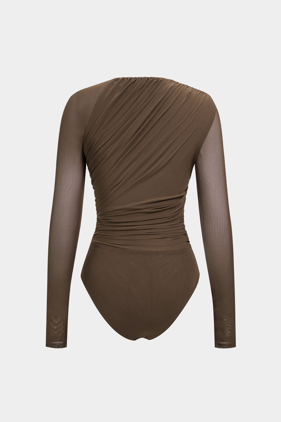 Mesh asymmetrische body met ruches en lange mouwen