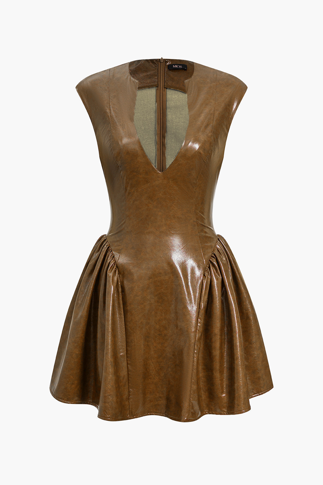 Leren-look minijurk met V-hals en ruches