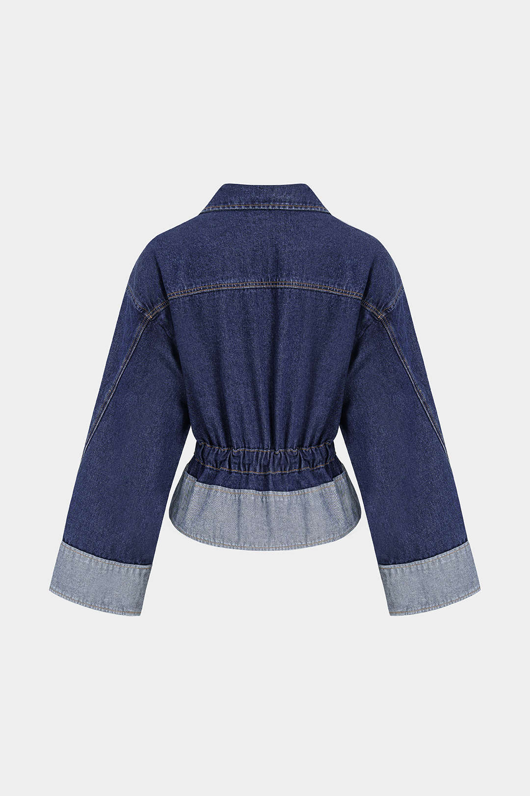 Denim patchwork jas met trekkoord, rits en revers