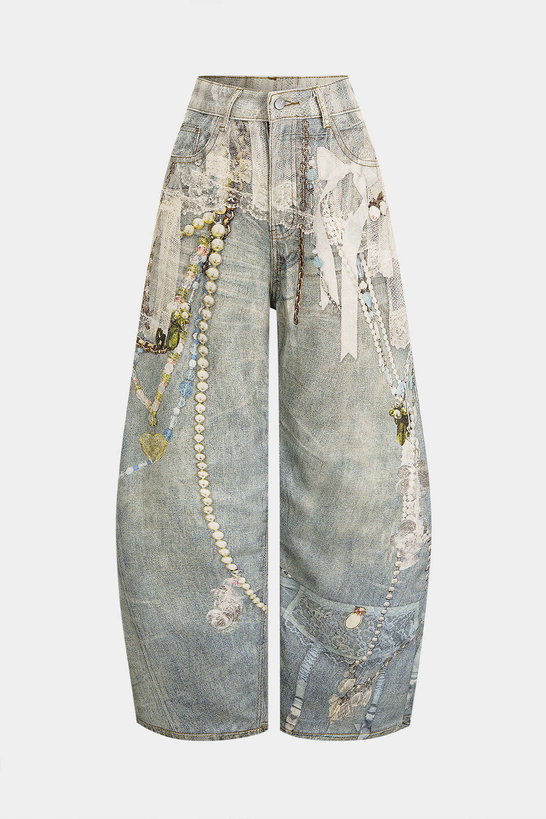 Denim abstracte print broek met wijde pijpen