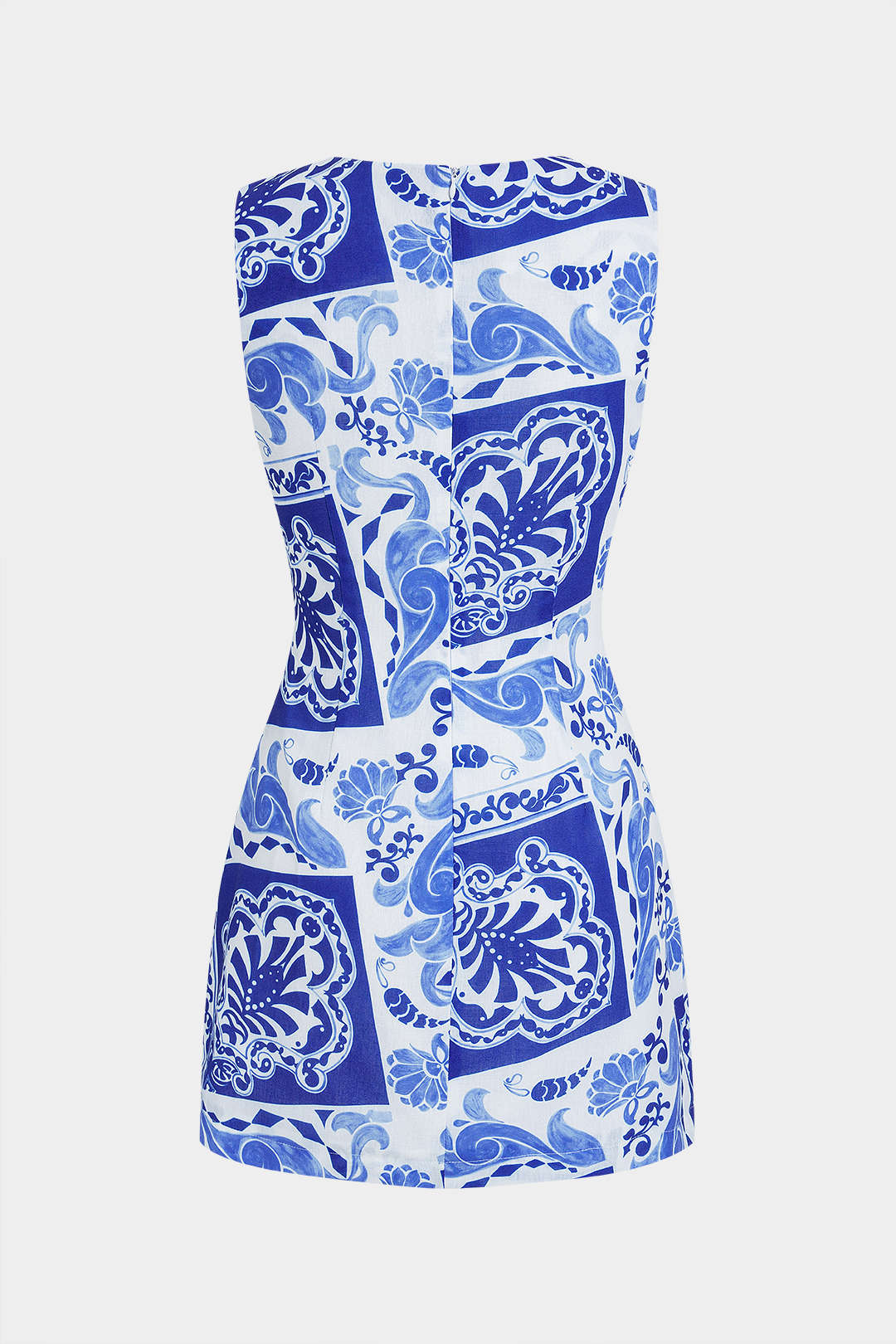 Bloemenprint mouwloze minijurk met ronde hals en knoopdetail
