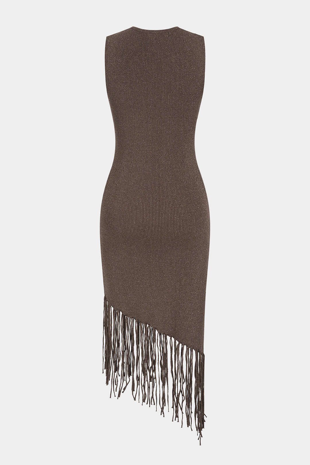 Lisa - Gebreide mouwloze midijurk met ronde hals en franjes