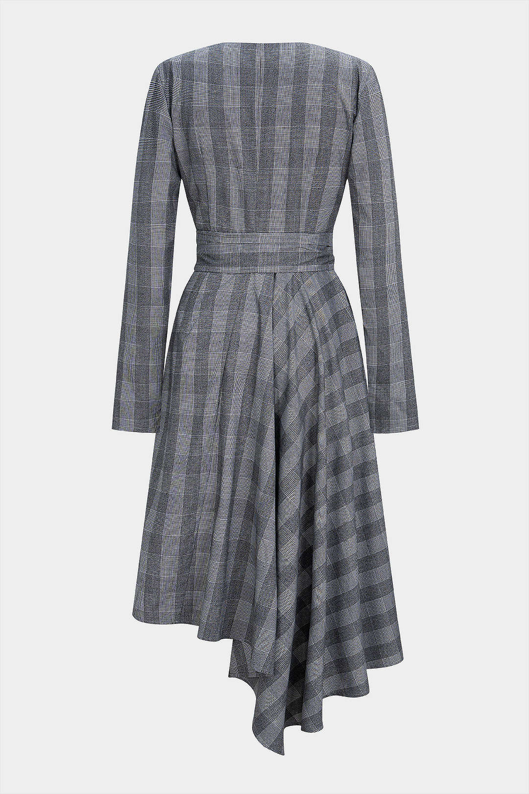 Geruite asymmetrische midijurk met V-hals en knoopdetail