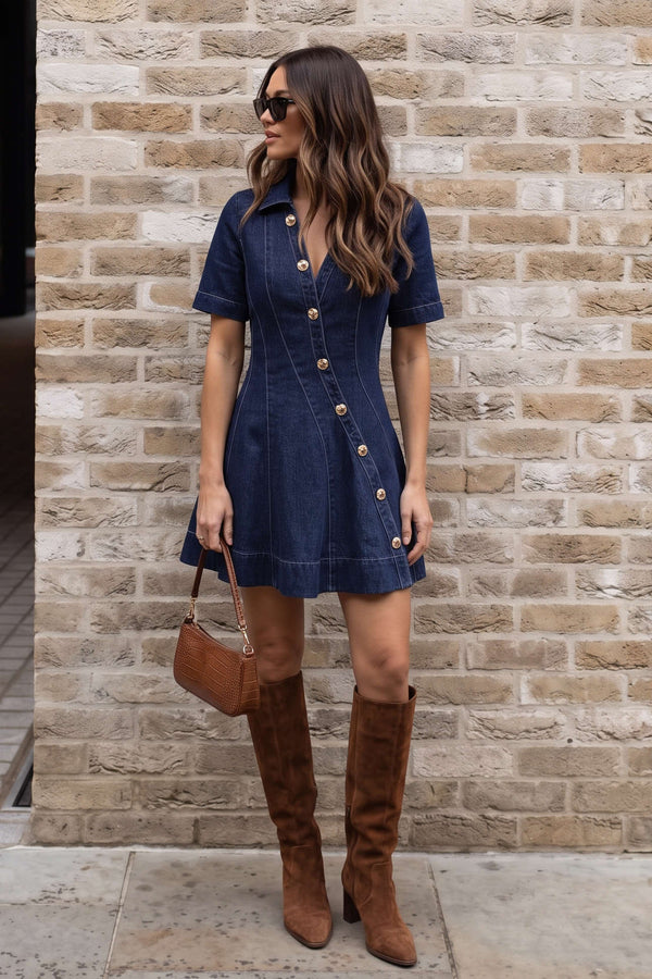 Denim asymmetrische minijurk met V-hals en knoopjes