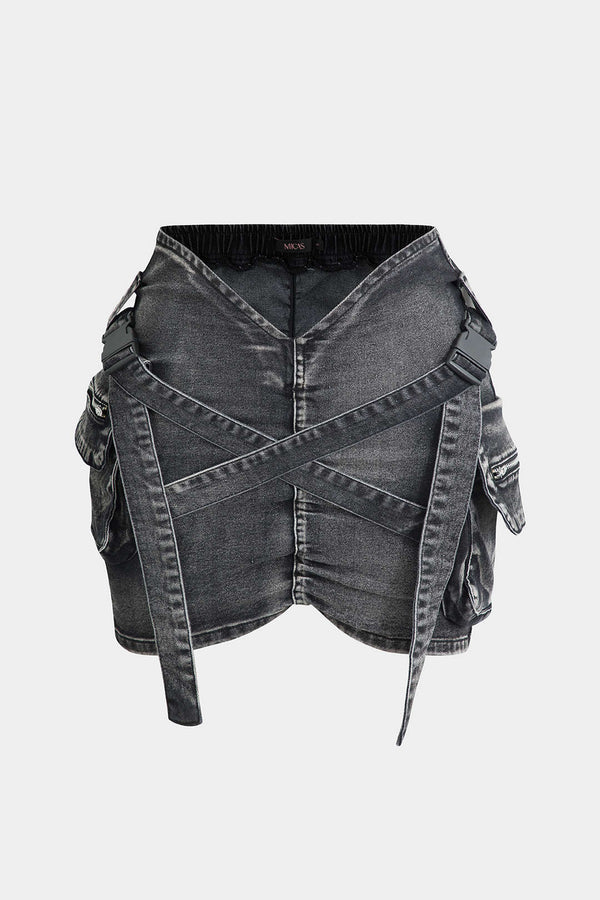 Denim rok met gesp, zakken en cargozakken