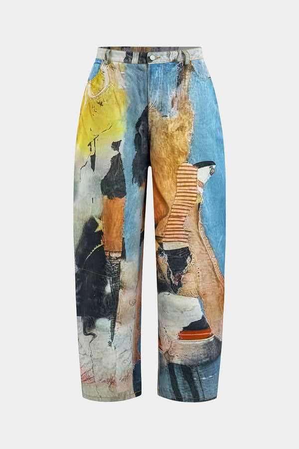 Abstracte print pantalon met knoopjes en wijde pijpen