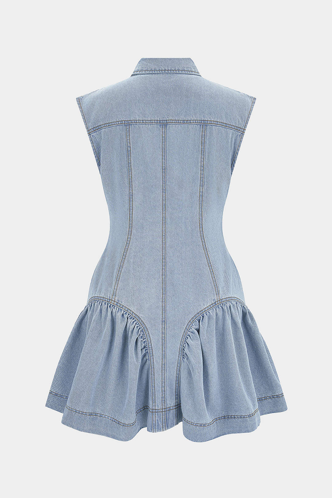 Denim mouwloze minijurk met revers, knoopjes en volants