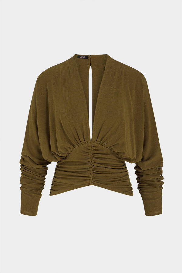 T-shirt met V-hals, ruches en lange mouwen