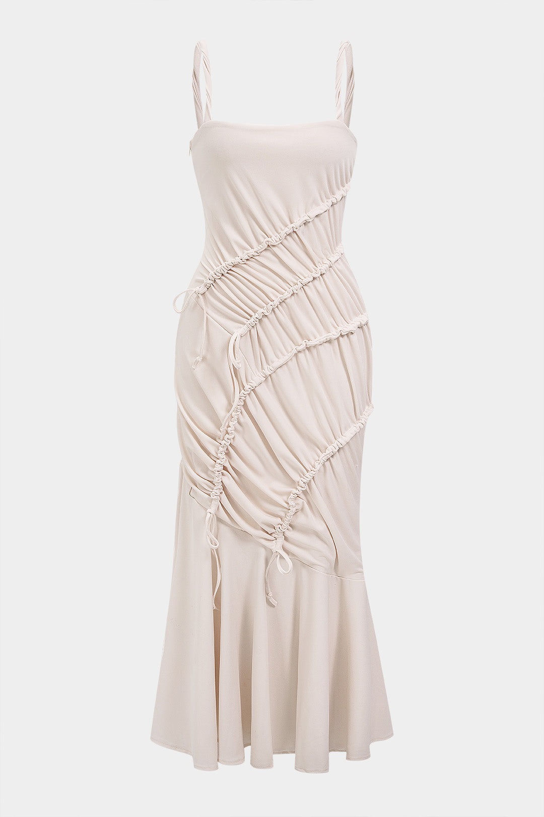 Asymmetrische mouwloze maxijurk met gedraaid detail