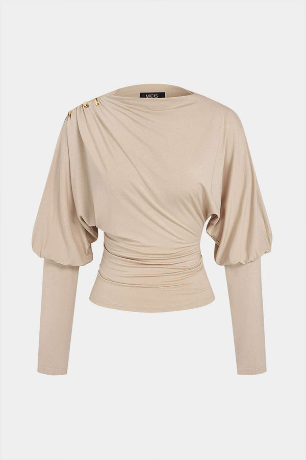 Metallic top met ruches en lange mouwen
