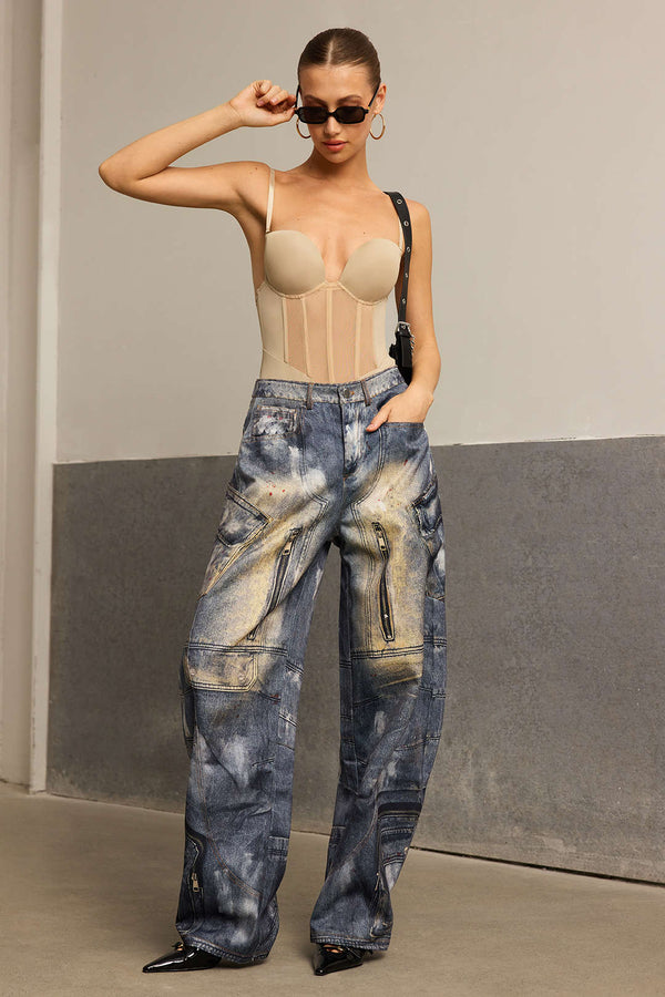 Abstracte print pantalon met zakken en ballonmodel