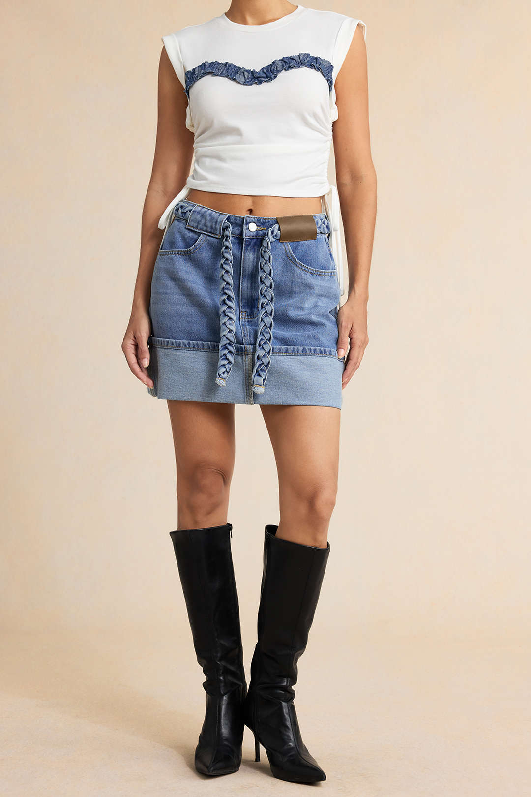 Denim rok met riem en zakken