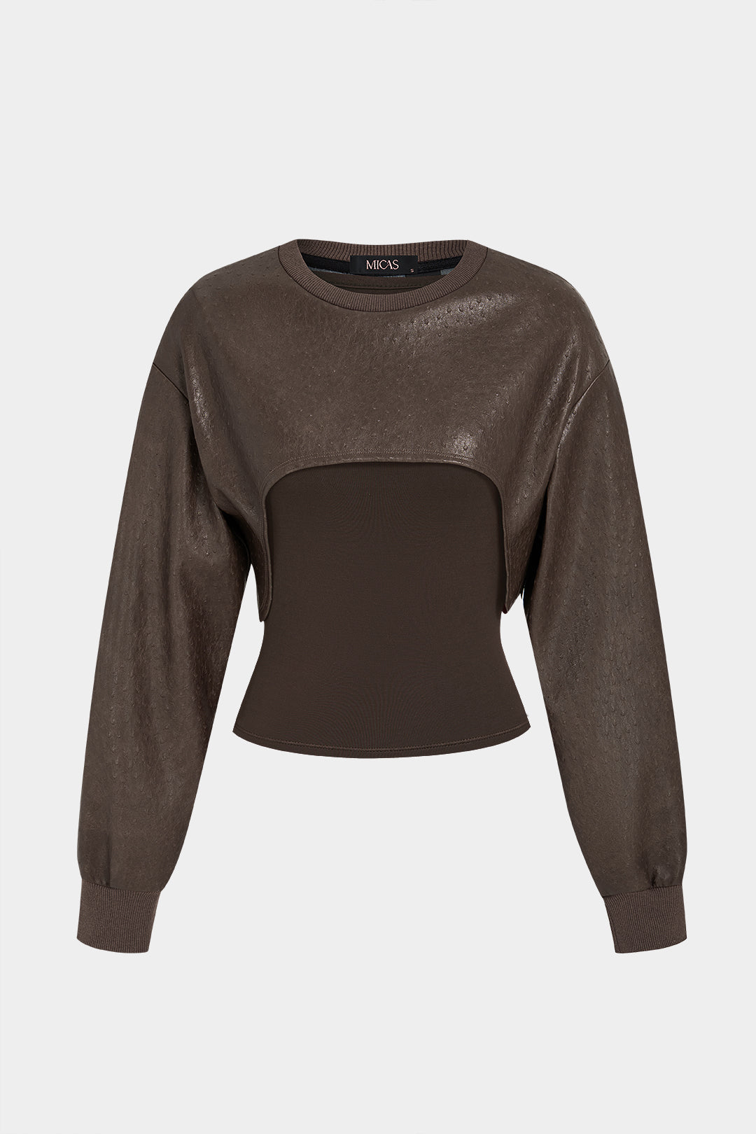 Leren-look patchwork sweater met ronde hals en lange mouwen