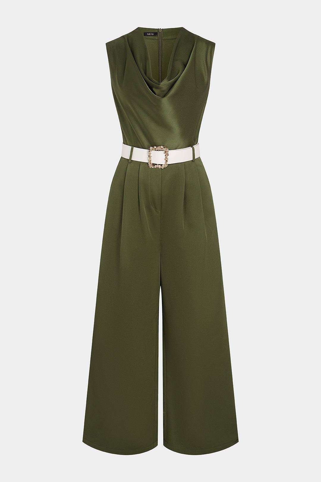 Satijnen jumpsuit met watervalhals en riem