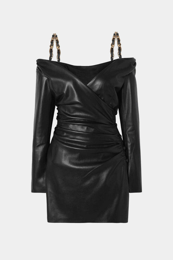 Leren-look minijurk met kettingdetail en blote schouders