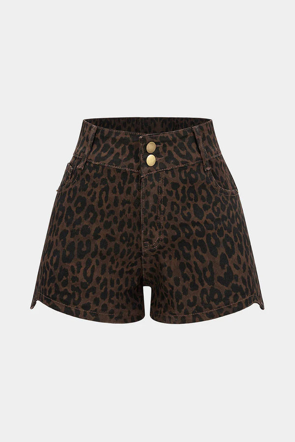 Denim shorts met luipaardprint en hoge taille