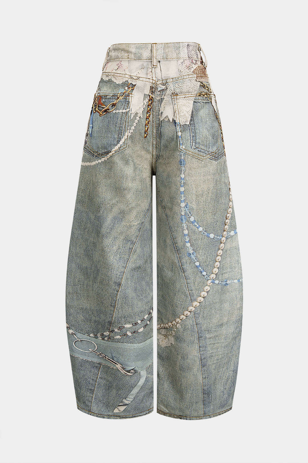 Denim abstracte print broek met wijde pijpen