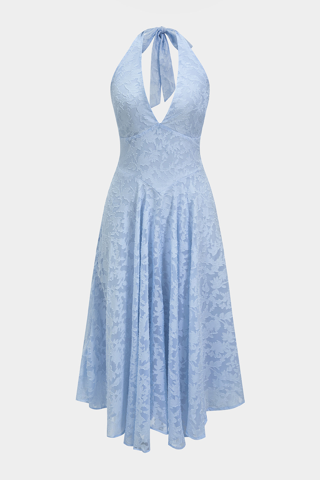 Jacquard mouwloze midijurk met halternek, V-hals en strik