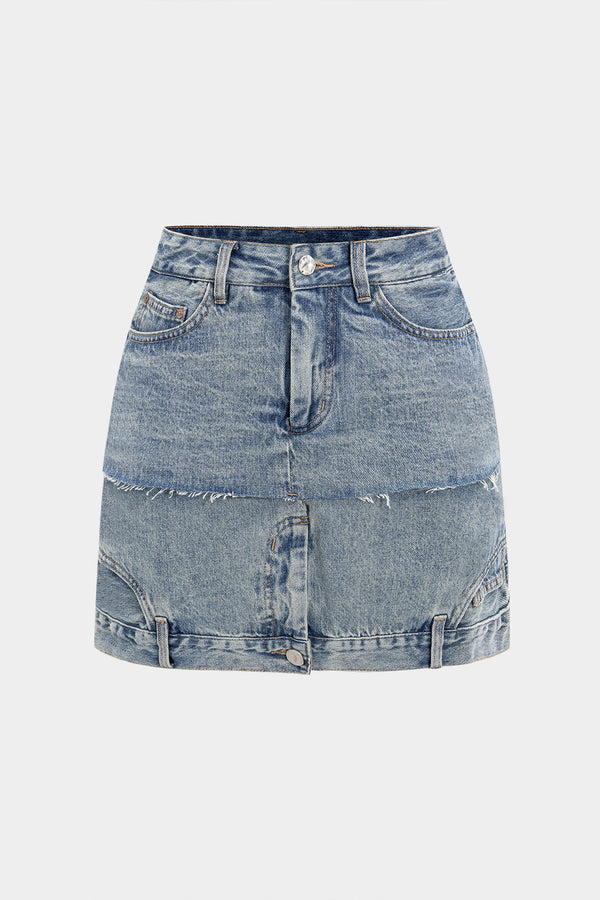 Denim patchwork rok met zakken en rits