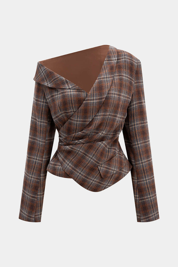 Geruite asymmetrische top met één schouder en ruches