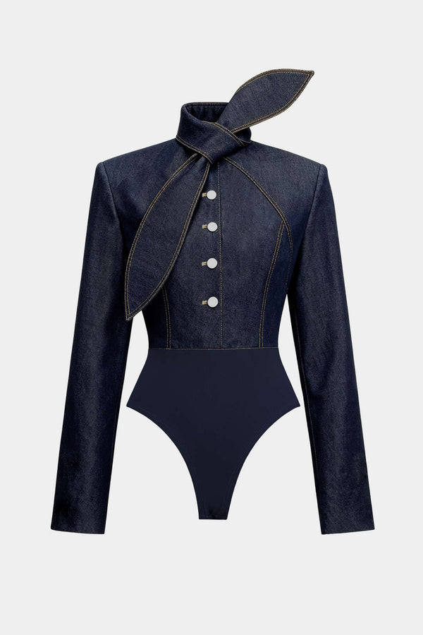 Denim body met strik en knoopjes