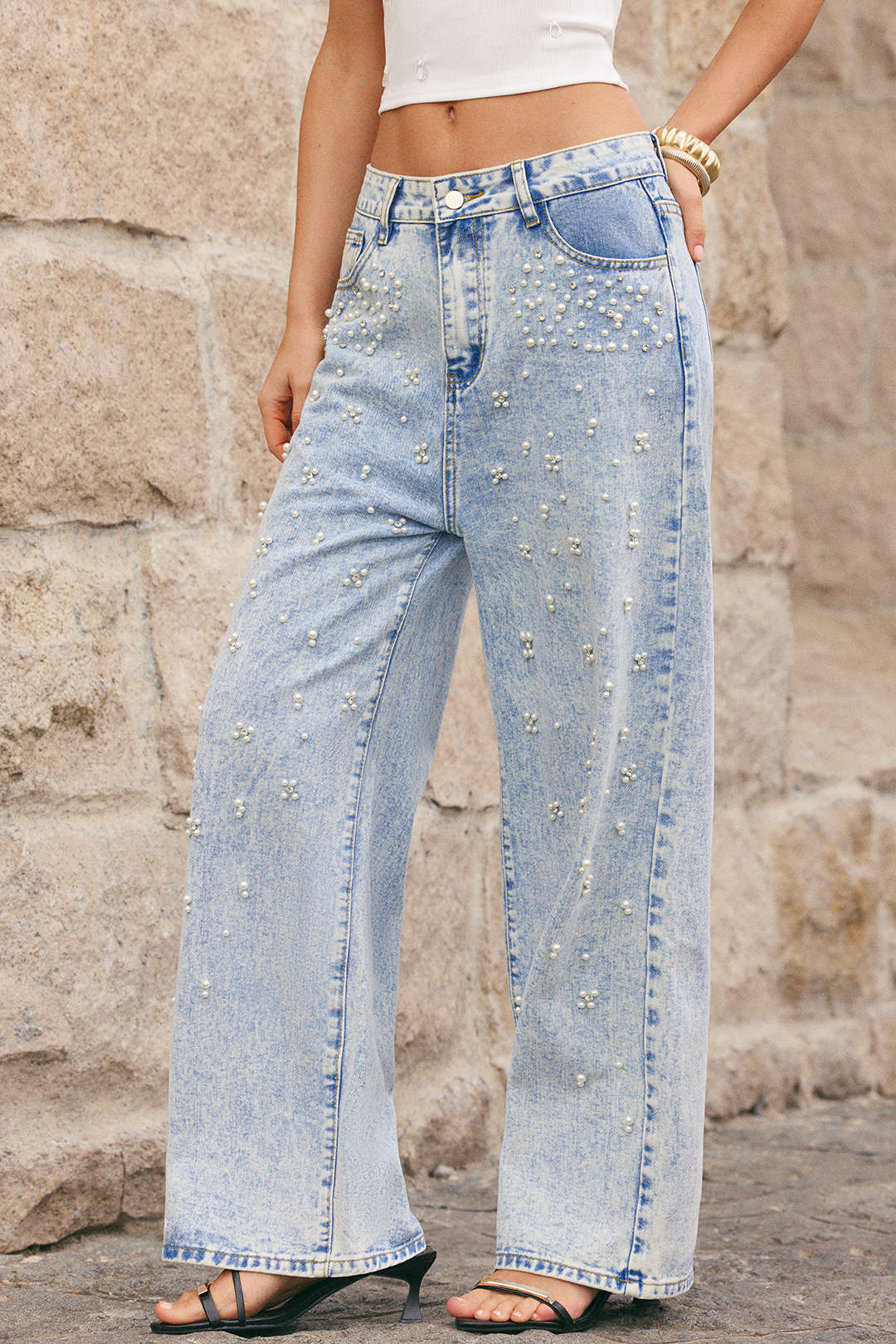 Jeans met parels en rechte pijp