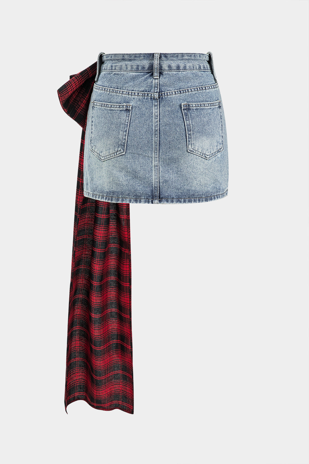 Denim patchwork rok met strik