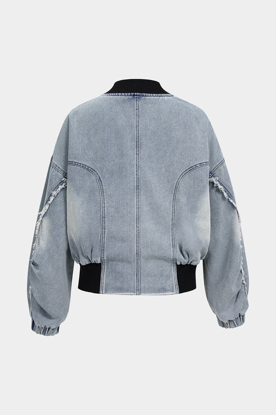 Denim patchwork jasje met rafelrand