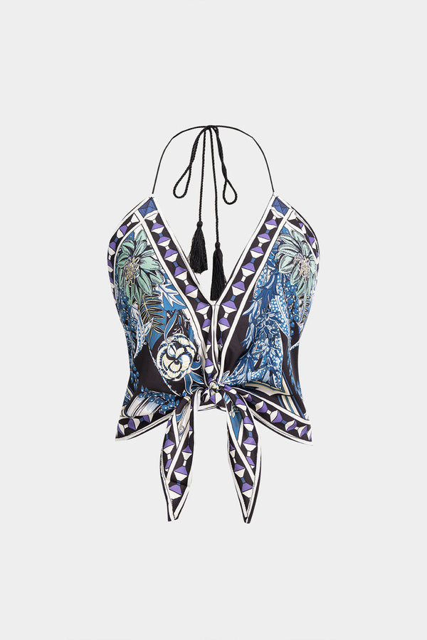 Geometrische top met halternek, V-hals en strik