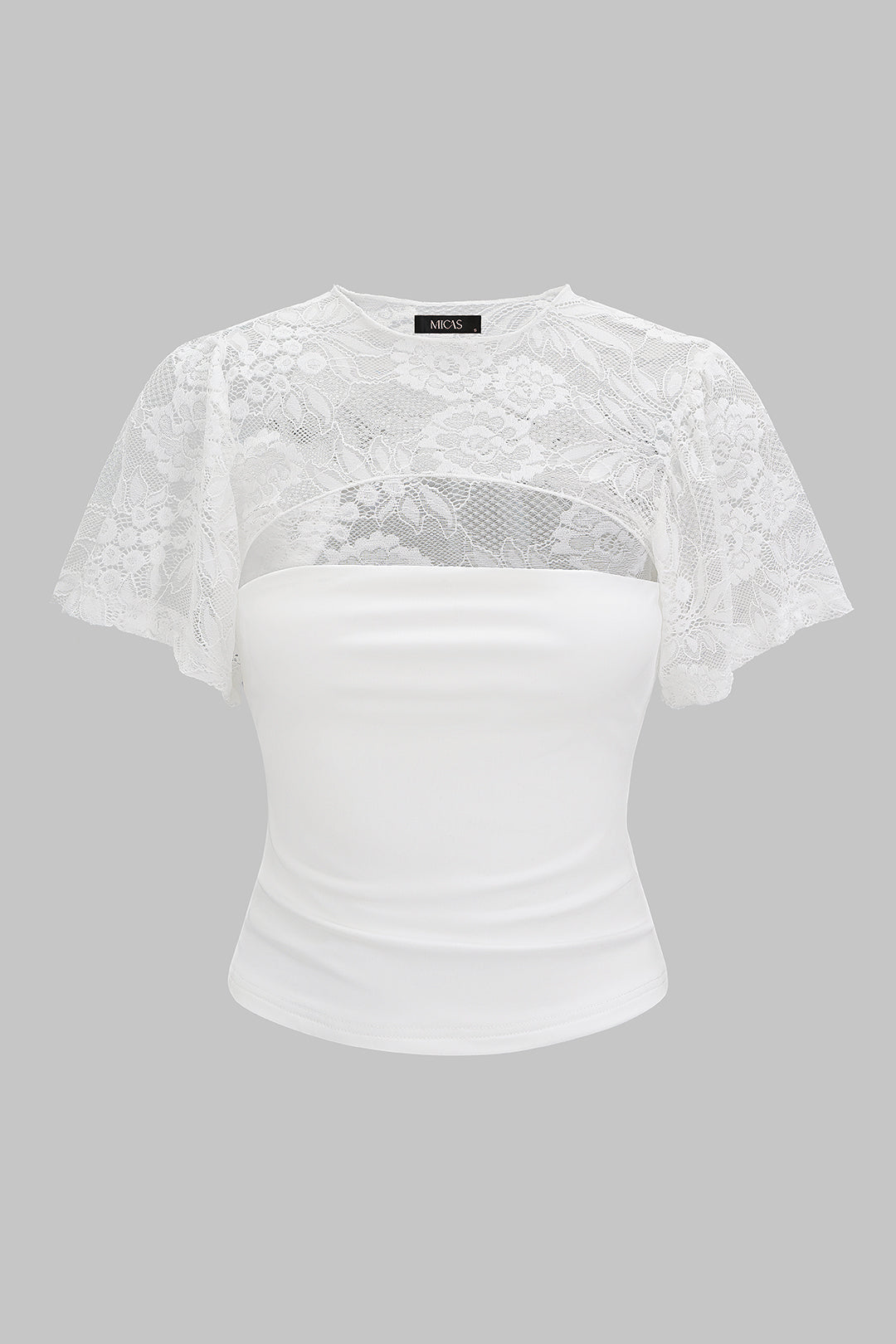 Patchwork T-shirt met kant, uitsnijding en korte mouwen