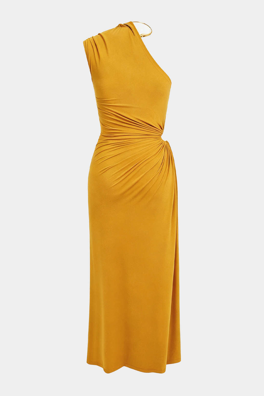 Metallic asymmetrische midijurk met één schouder en ruches
