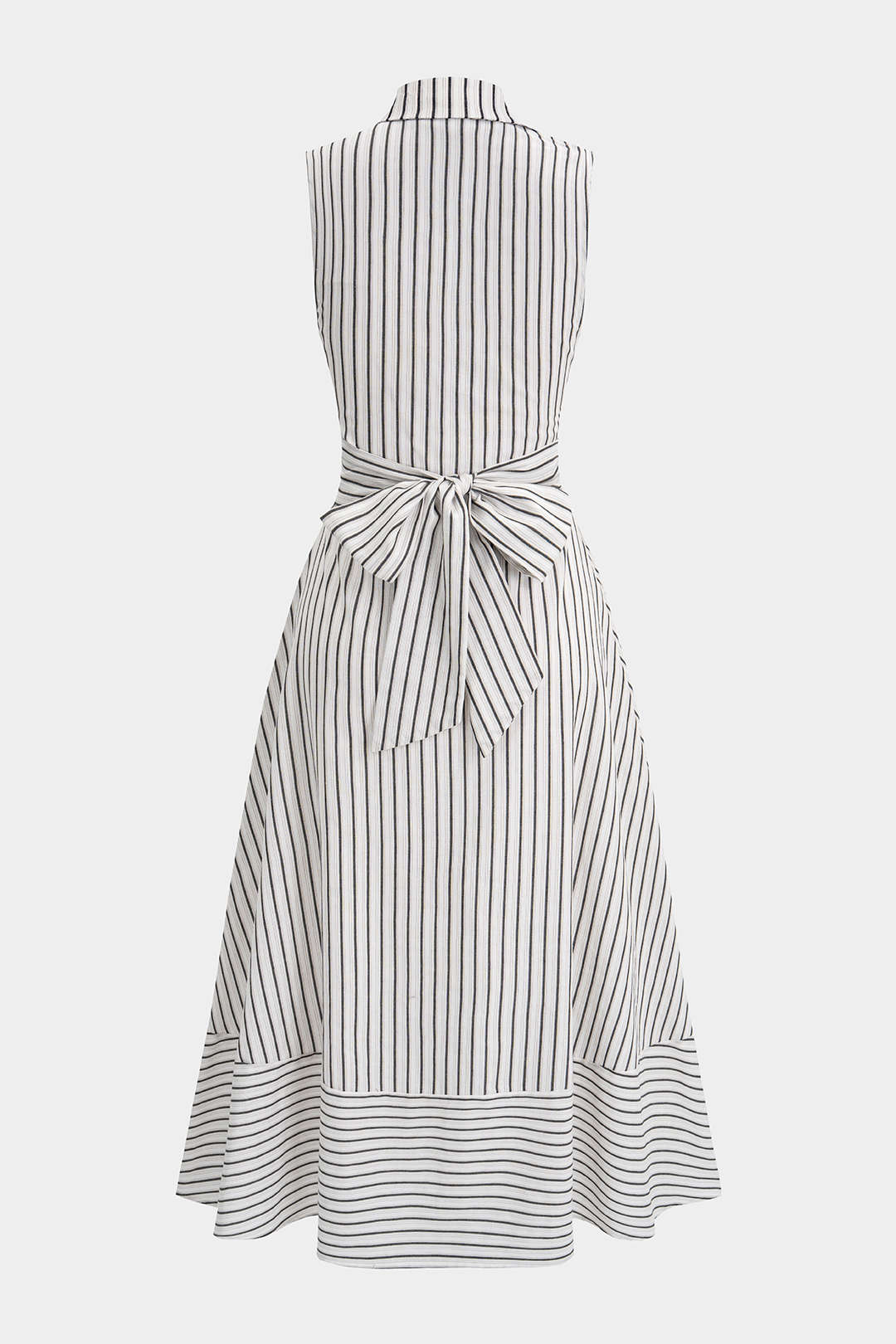 Gestreepte mouwloze midijurk met revers, ruches en knoopjes