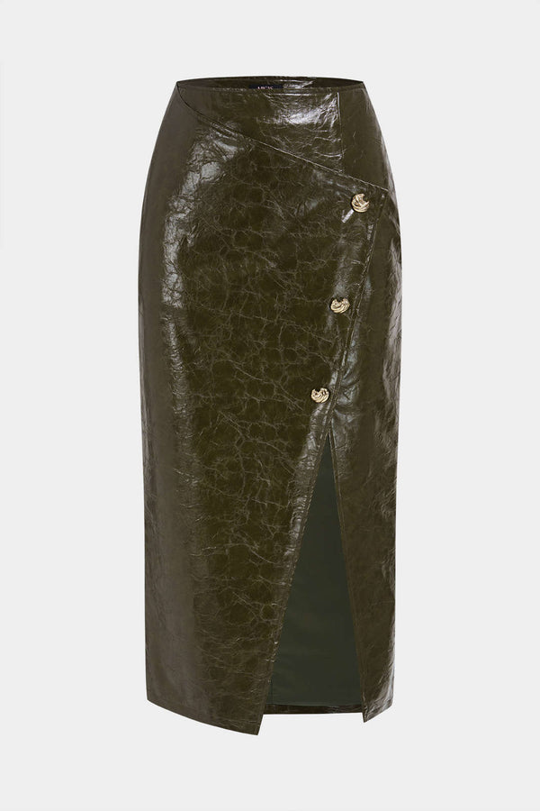 Leren-look metallic rok met split