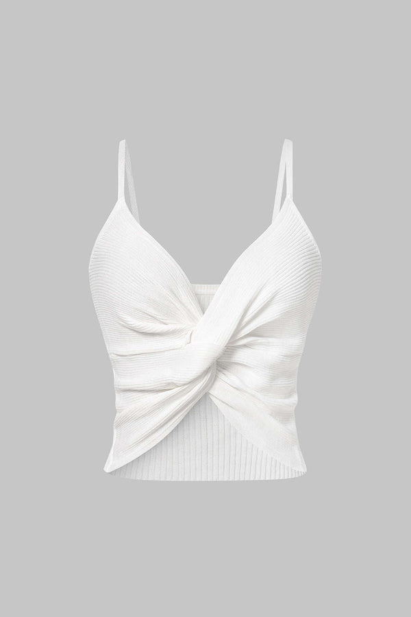 Vesna - Gebreide top met V-hals, gedraaid detail en knoopdetail