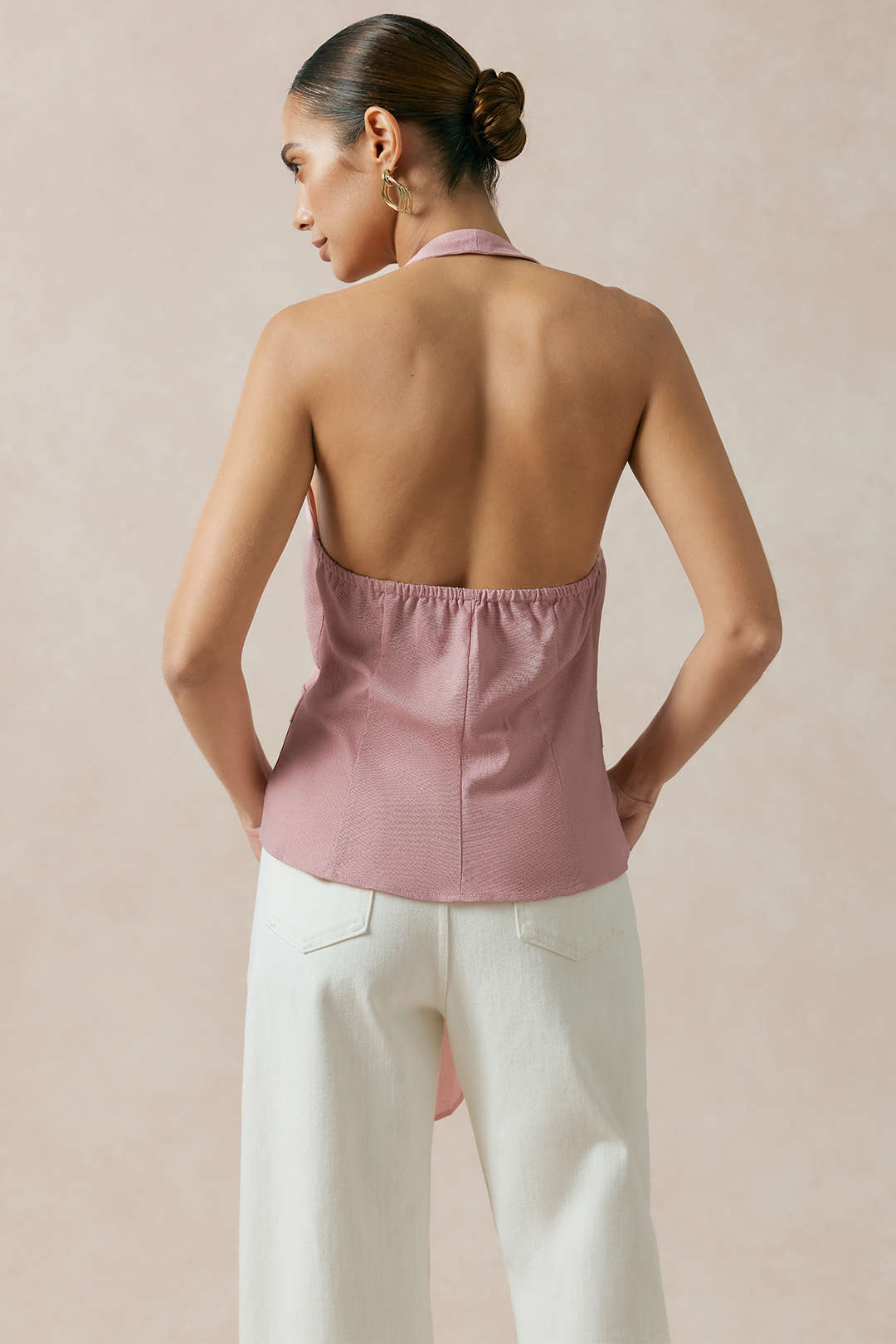 Linnen tanktop met halternek, strik en open rug