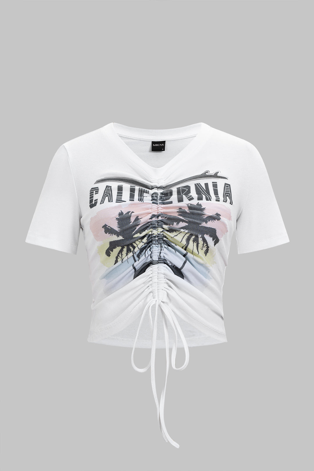 T-shirt met ronde hals, trekkoord en ruches