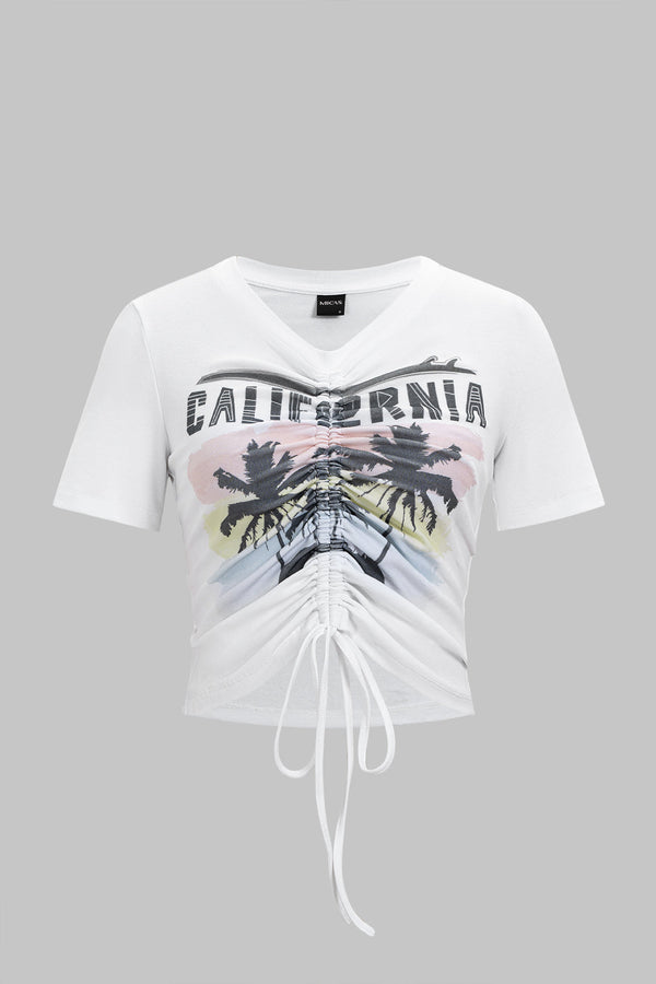 T-shirt met ronde hals, trekkoord en ruches