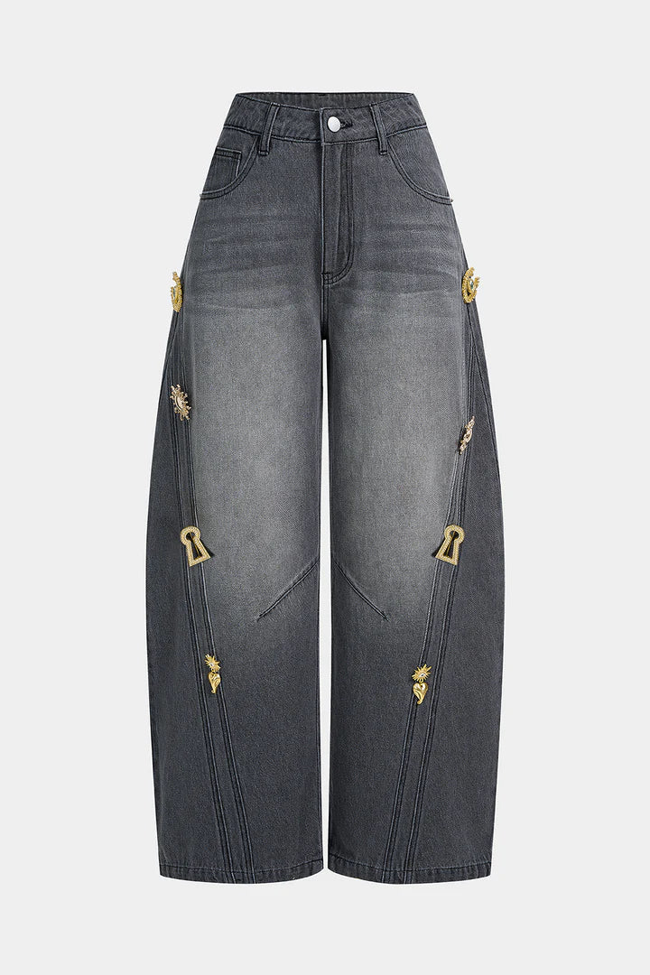 Denim jeans met metallic details en wijde pijpen