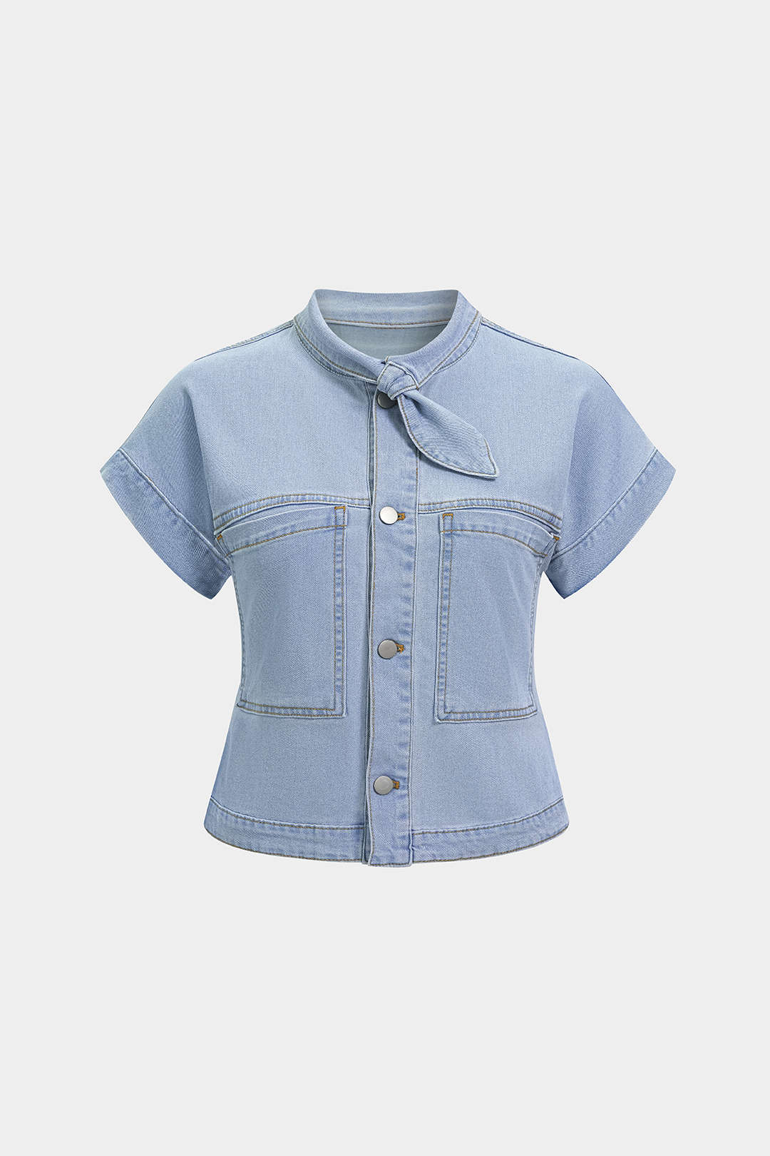 Denim blouse met strik, zakken en korte mouwen