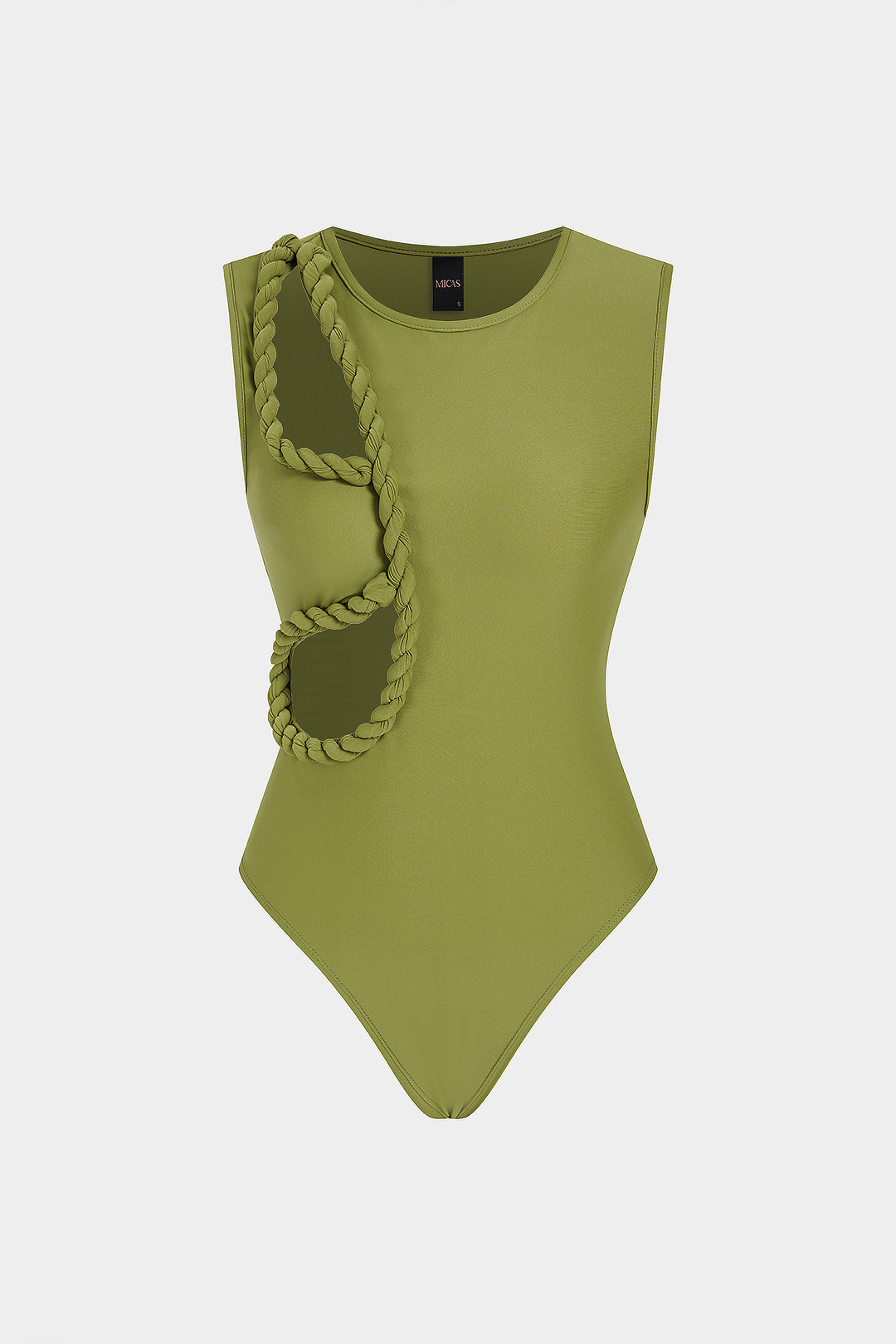Mouwloze body met ronde hals, gedraaid detail en knoopdetail