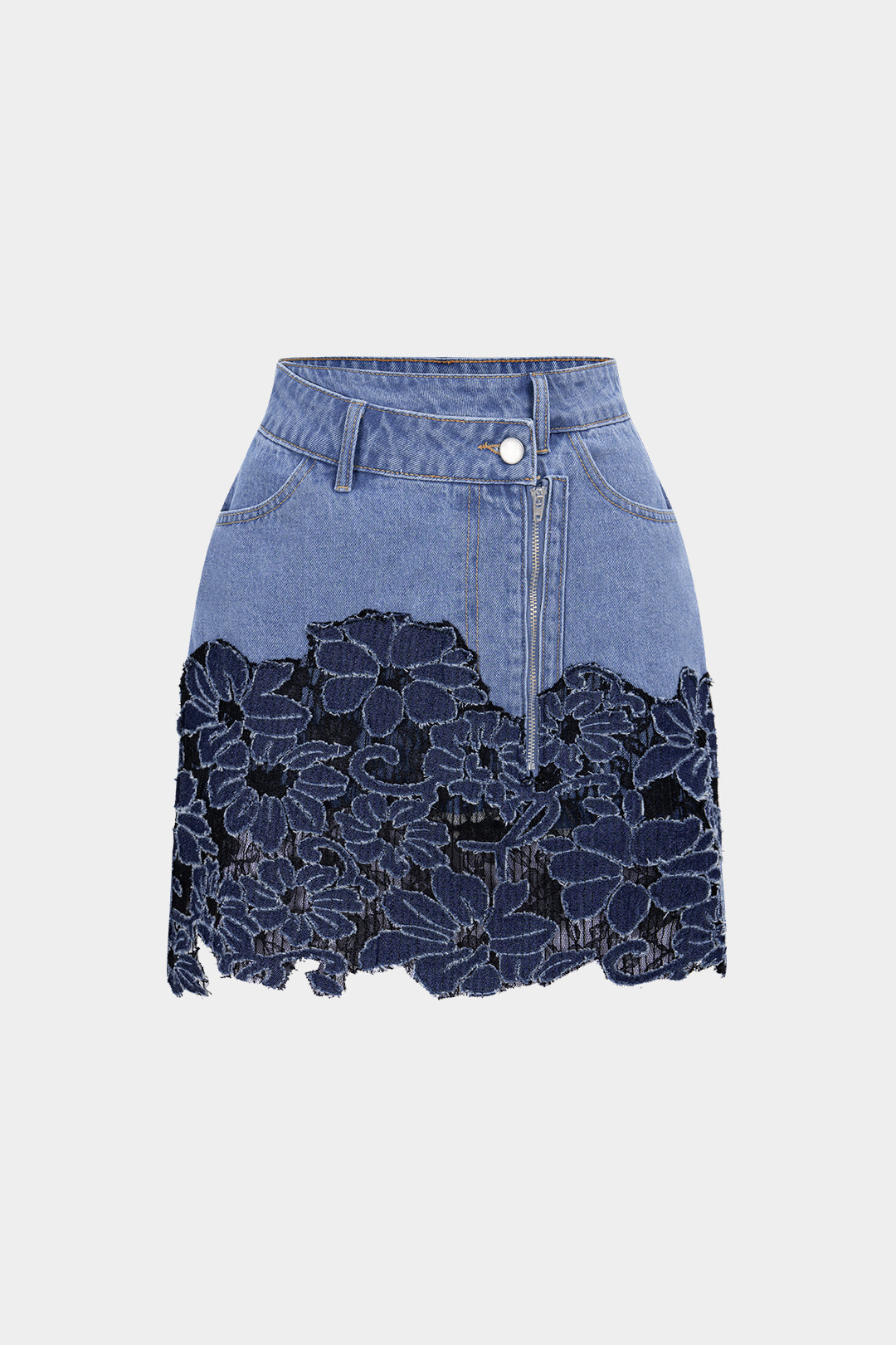 Denim patchwork rok met rits en rafelrand