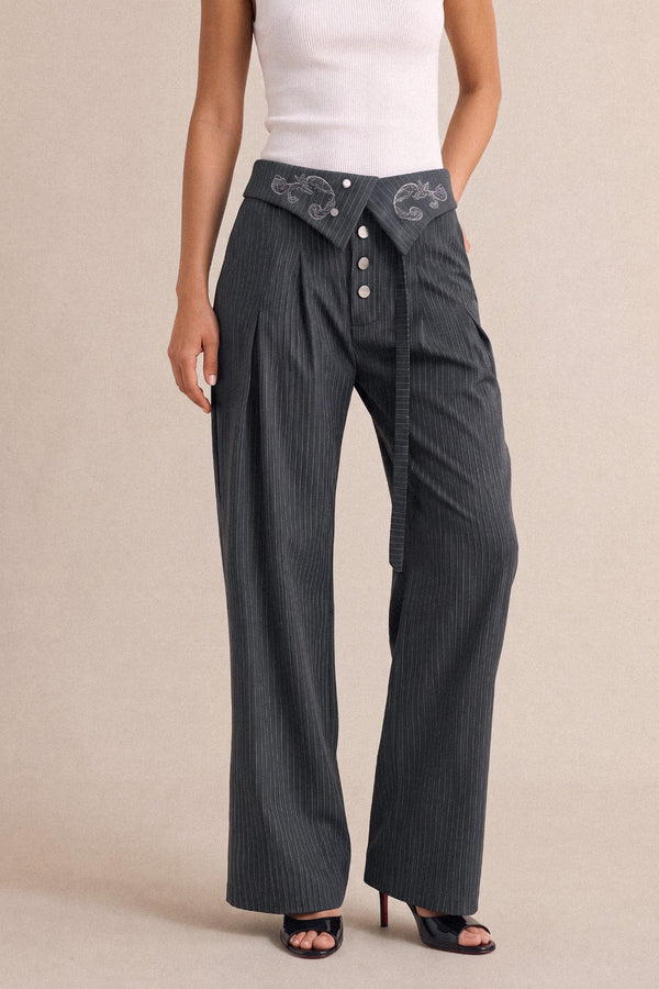 Gestreepte broek met borduursel en hoge taille