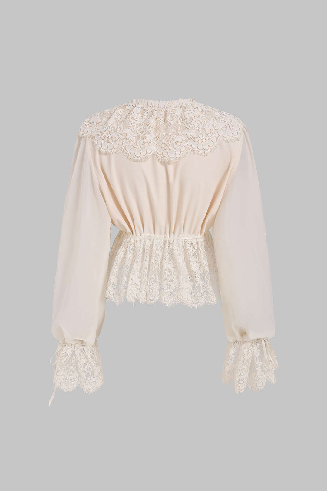 Chiffon patchwork blouse met kanten rand en trekkoord