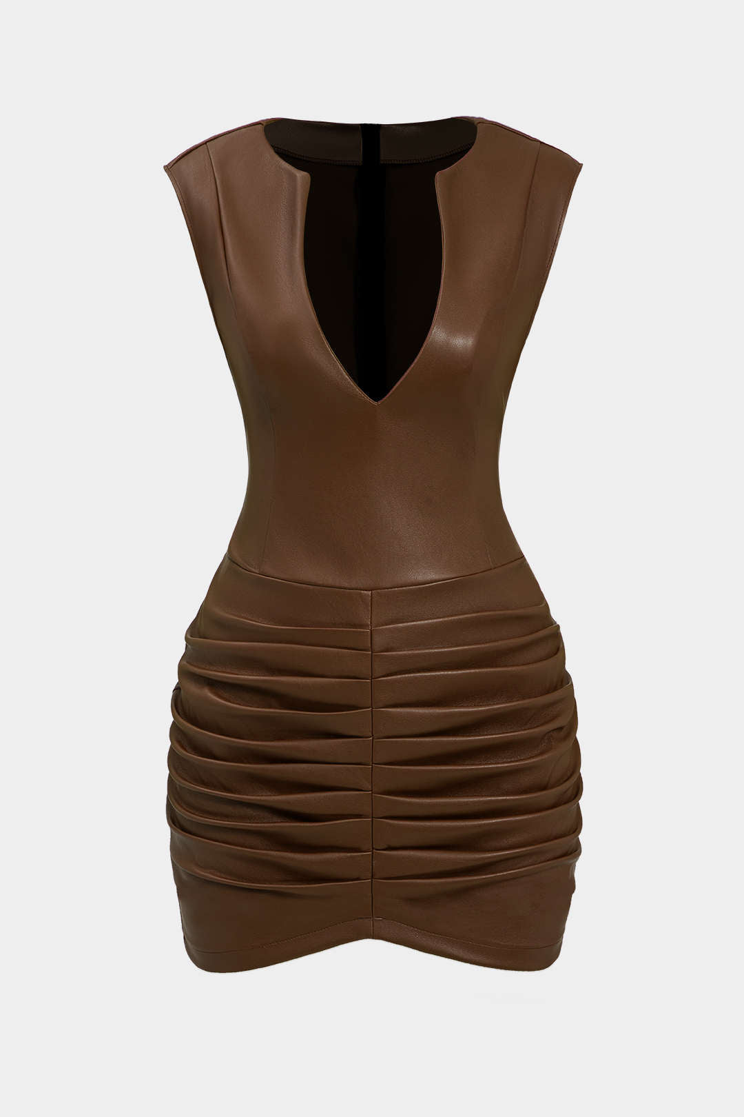 Leren-look minijurk met ruches en V-hals