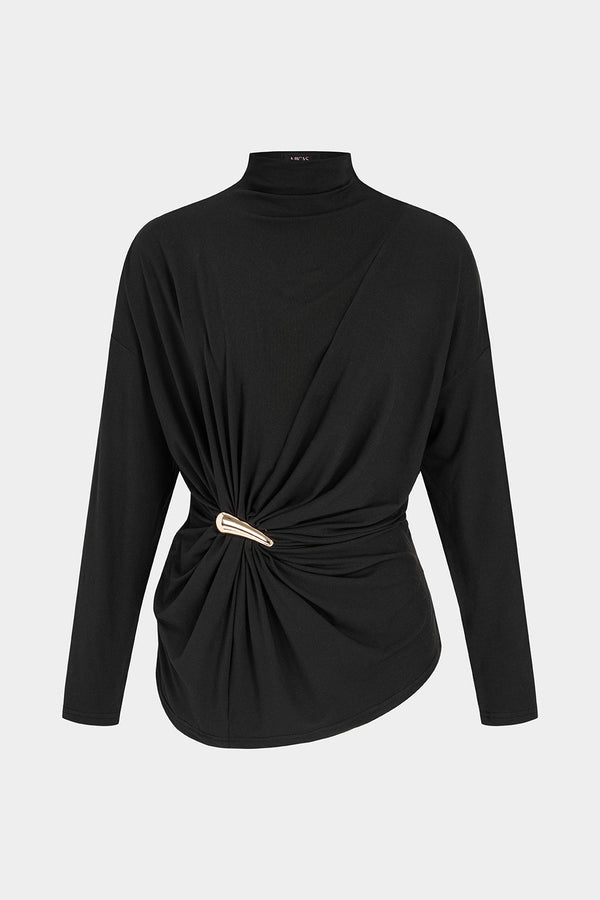 Metallic top met opstaande kraag, ruches en lange mouwen