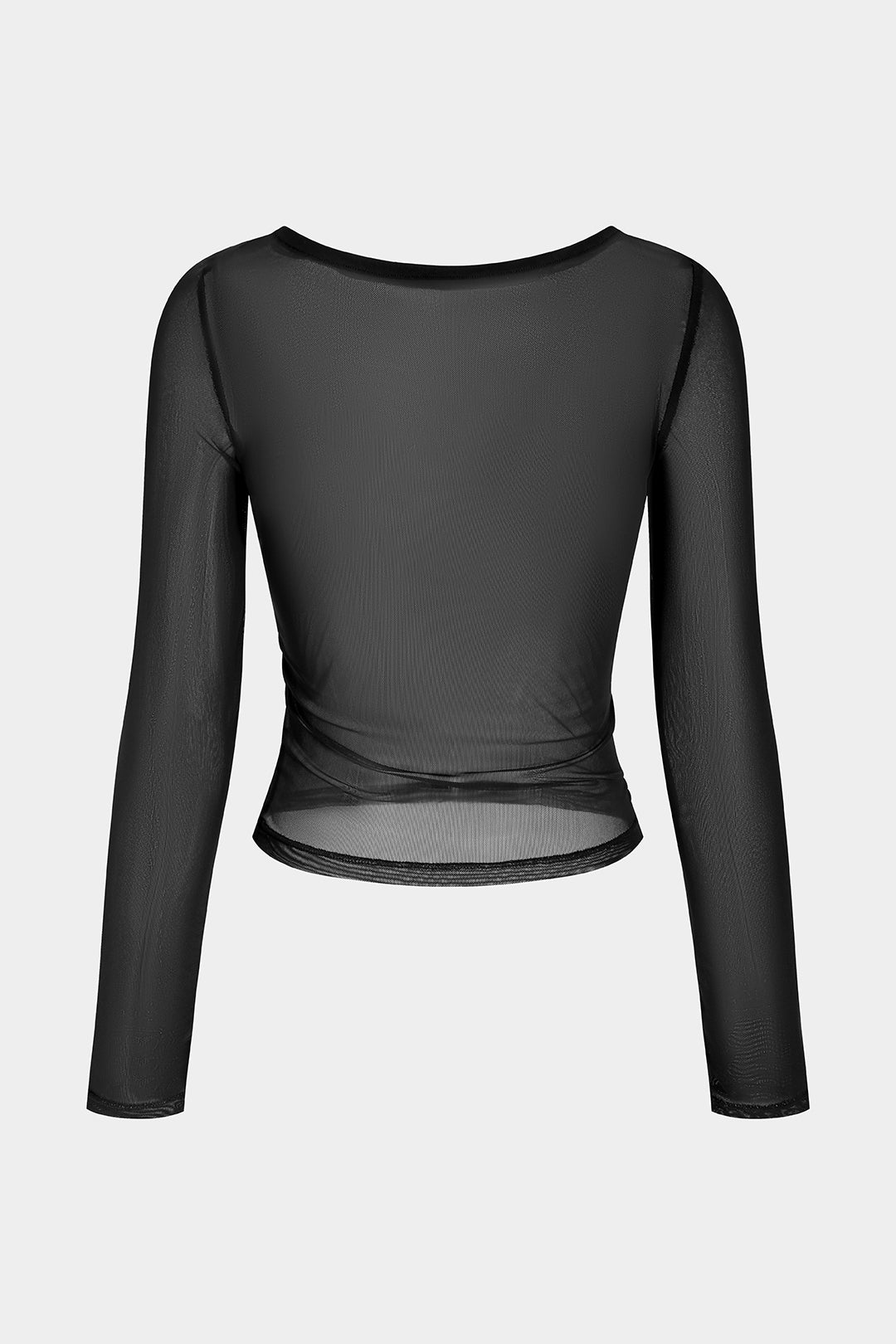 Mesh patchwork top met ronde hals, ruches en lange mouwen