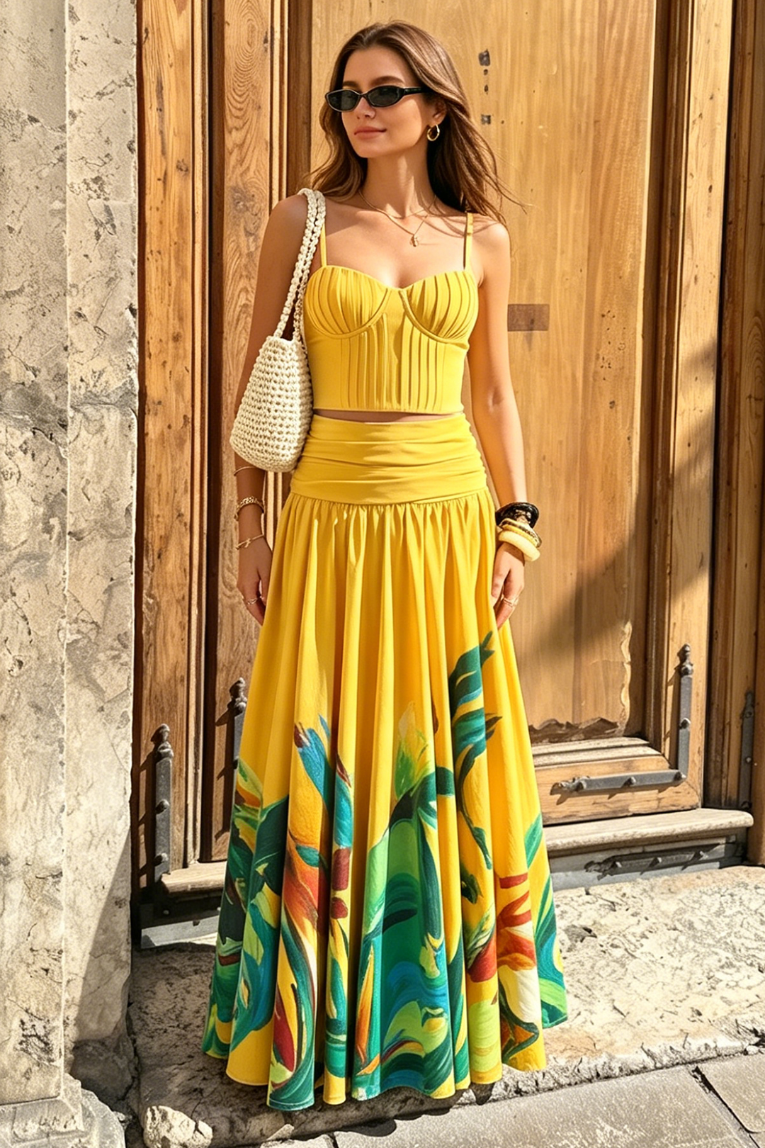Linnen abstracte print rok met hoge taille en rits