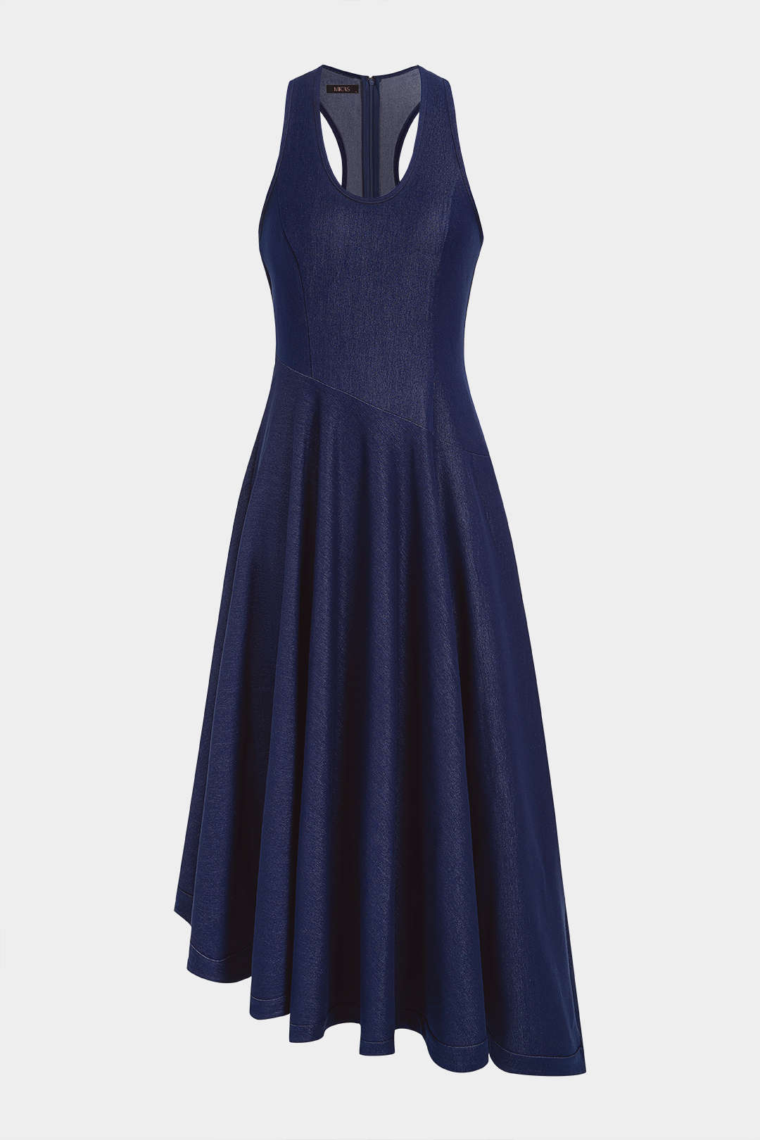 Denim asymmetrische midijurk met ronde hals en ruches