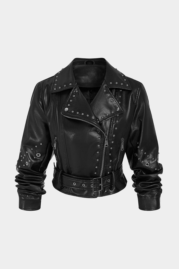 Leren-look jasje met studs, riem en rits